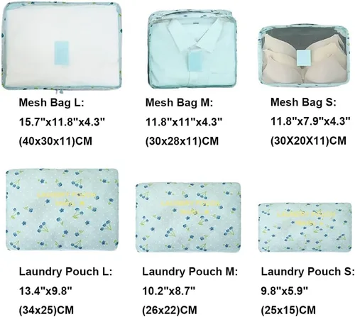 Vista 3 de Cubos de equipaje 6 bolsas organizadoras de equipaje de viaje para maletas de mochila (cereza azul)