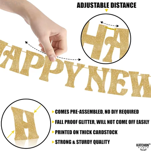 Vista 4 de KatchOn, Cartel de feliz año nuevo dorado con purpurina – 10 pies, Bye 2026 Hello 2026 Banner Decoraciones de feliz año nuevo, letrero de feliz