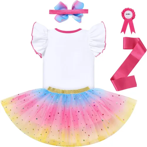 Vista 2 de IDOPIP Conjunto de 5 piezas de ropa para bebé con diseño de arco iris para 1er 2 3 cumpleaños para niña, Hot Pink - Cloud 3rd