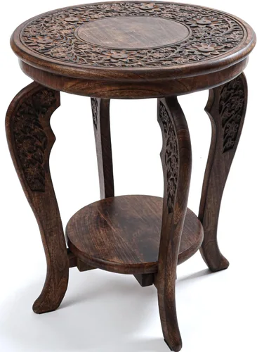 Vista 9 de Mesa auxiliar de madera de mango tallada a mano – Mesa auxiliar redonda de pedestal de 18 x 22 pulgadas para sala de estar, mesita de noche