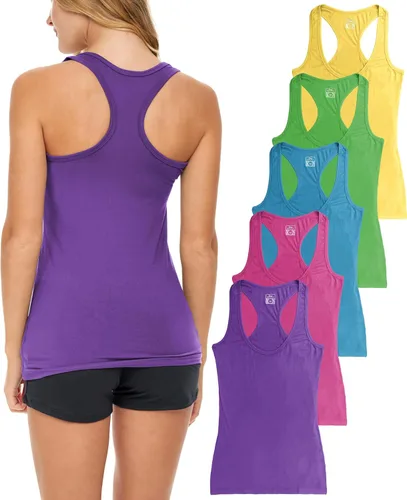 Vista 15 de Sexy Basics Paquete de 5 camisetas sin mangas PowerFlex con espalda nadadora para mujer / Camisetas sin mangas elásticas de algodón y elastano