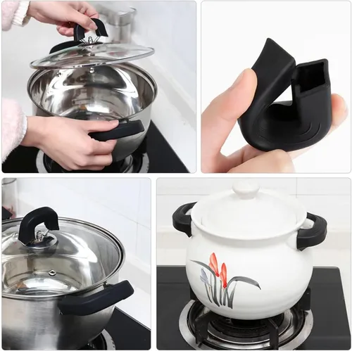 Vista 7 de Cabilock Funda de silicona con orejas de olla para mango, 6 unidades, cubierta de mango para olla, protectores para woks, sopa, color negro