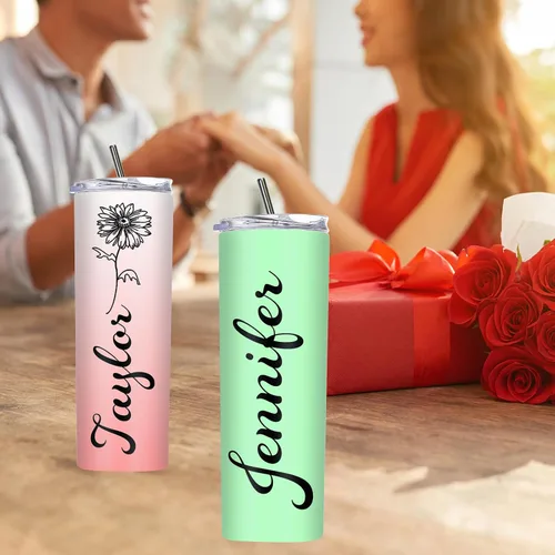 Vista 7 de Regalos de cumpleaños, vasos personalizados con nombres, pajitas de flores de nacimiento, vasos delgados personalizados de acero inoxidable, taza