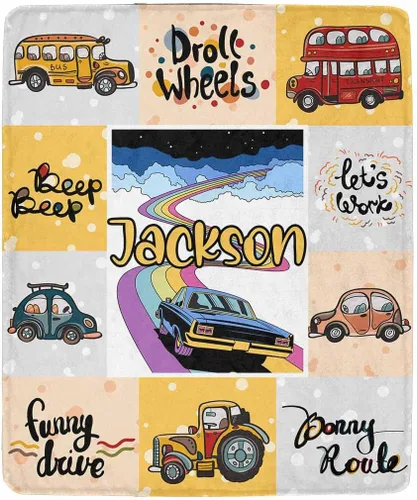 Vista 15 de Artsadd Mantas personalizadas con nombre y diseño de transporte para bebé niño de 30 x 40 pulgadas, manta personalizada de camión con nombre