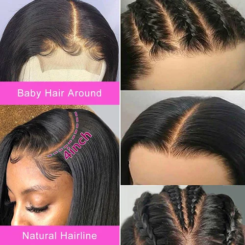Vista 4 de Pelucas de cabello humano lacio para mujeres negras, encaje frontal de 13 x 4 pulgadas, previamente despuntada, sin pegamento, HD frontal, negro