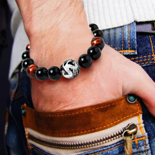 Vista 8 de Merdia - Pulsera elástica para hombre, diseño de ojo de tigre con cuentas de dragón y rey (plateado y amarillo)