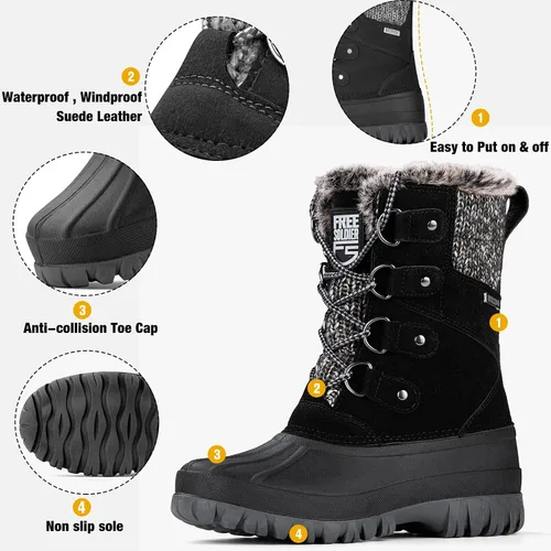 Vista 3 de FREE SOLDIER Botas de nieve impermeables con aislamiento térmico para clima frío para mujer