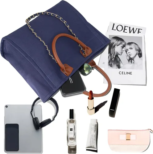Vista 7 de BYMEE - Bolsa de lona para mujer, bolso de lona con cadenas extraíbles, bolsa de hombro, artículos esenciales diarios, bolsa de trabajo casual