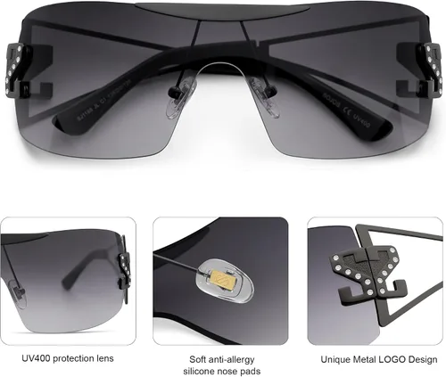 Vista 4 de SOJOS Gafas de sol Y2K sin montura envolventes para mujeres y hombres, gafas de sol futuristas sin marco SJ1198