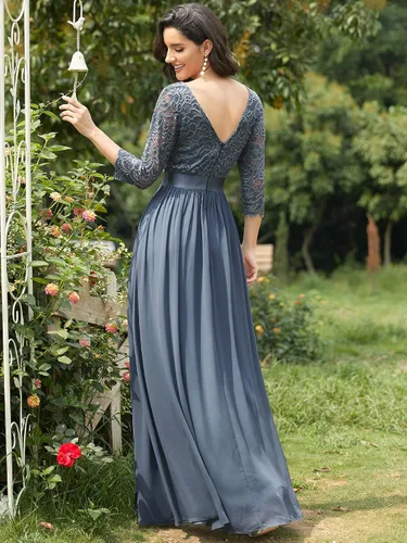 Vista 2 de Alisapan Vestidos de noche formales largos de encaje de gasa con manga 34 para mujer 7412