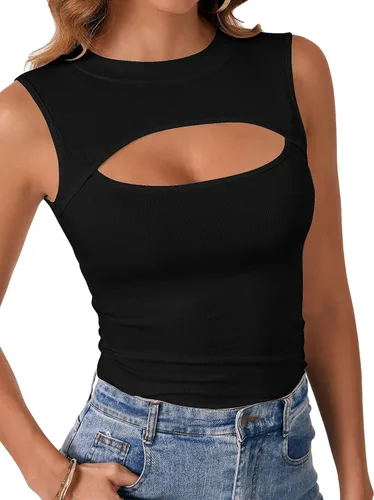 Vista 3 de Vrtige Camiseta sin mangas sexy con cuello redondo para mujer, de punto acanalado, sin mangas, ajustada