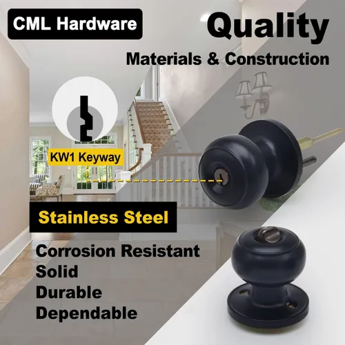 Vista 2 de CML Hardware Pomo de puerta de entrada con llave negra mate para uso exterior e interior, mango redondo de bola de acero inoxidable