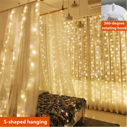 Vista 2 de ZSJWL - Guirnalda de 300 luces LED de hadas para cortina con mando a distancia, 8 modos, 2.9 × 2.9 mt, luz de cadena para cortina con enchufe USB