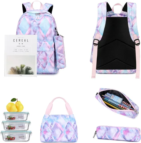 Vista 7 de Mochila escolar 3 en 1, Azul Tie dye, Mochila escolar