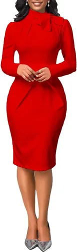 Vista 2 de Vestidos de trabajo ajustados para mujer, de manga larga, plisados, con lazo, vintage, para oficina, fiesta, iglesia