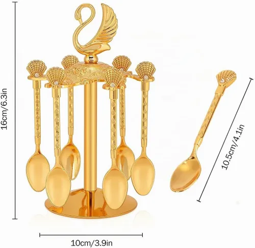Vista 3 de Soporte decorativo de base de cisne con 6 cucharas, cucharas de té de lujo, postre de café, cucharaditas, cuchara de mermelada para frutas, agitar