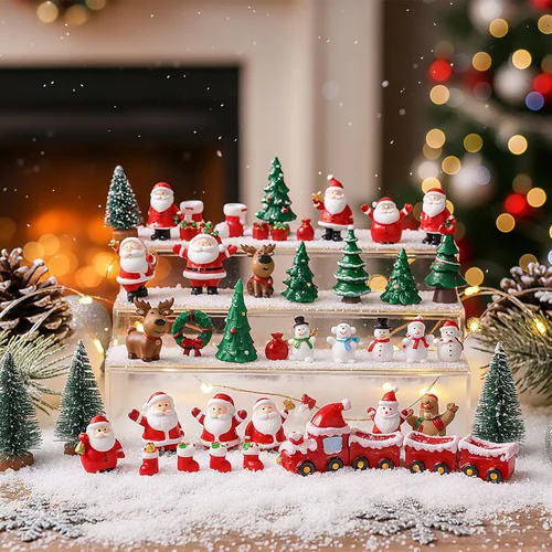 Vista 3 de 58 piezas de figuritas en miniatura de Navidad, miniaturas de Santa Claus, muñeco de nieve, copo de nieve, reno en miniatura de resina, adornos