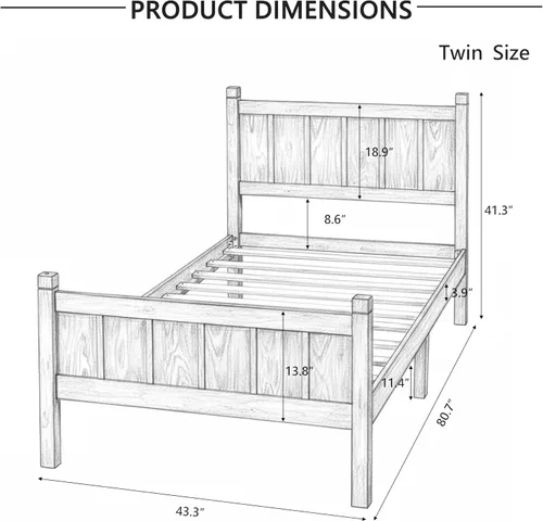 Vista 2 de Bellemave Cama de panel plano de tamaño individual con cabecero y estribo, cama de plataforma minimalista y moderna con acabado de grano de madera