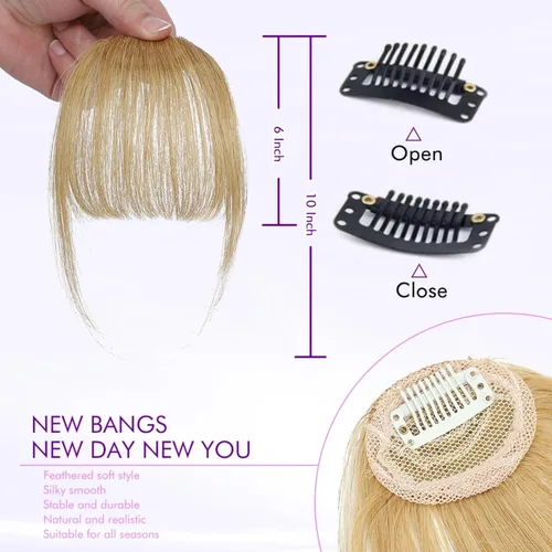 Vista 2 de 100% Real Human Hair Extensions Wispy 18# Hair Clip on bangs for women Fringe with Temples Hairpieces Faux Bangs for Daily Wear