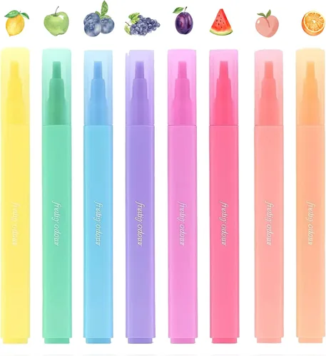 Vista 2 de Juego de 8 resaltadores perfumados con aroma a fruta, marcadores de punta de cincel pastel para diario, toma de notas, suministros escolares