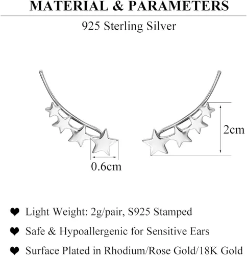 Vista 7 de SLUYNZ - Pendientes de plata de ley 925 con diseño de estrella sobre orugas para mujer