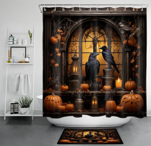 Vista 35 de LB Cortina de ducha de feliz Halloween para baño, flamenco rosa y calabaza naranja con sombrero mágico, cortina de ducha de tela con ganchos, juego