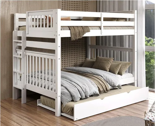 Vista 9 de Bedz King Literas de tamaño matrimonial sobre Full Mission Style con escalera final y cama nido individual, color blanco