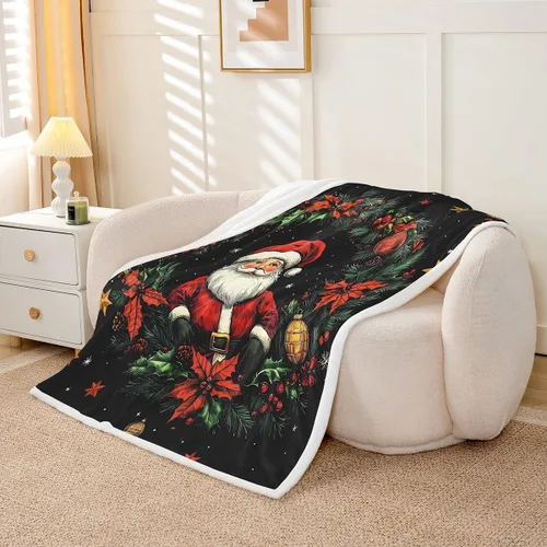 Vista 3 de Manta de cama Kawaii de Papá Noel, manta rústica de felpa con corona de Navidad para decoración rústica del hogar, manta de franela de flores rojas