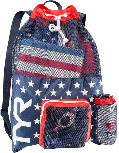 Vista 7 de TYR Mochila Big Mesh Mummy para natación, gimnasio y equipo de entrenamiento, color negro, capacidad de 40 litros