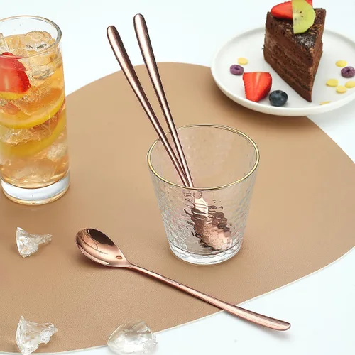 Vista 7 de Evanda Juego de 12 cucharas de té helado de mango largo de oro rosa, cucharaditas de acero inoxidable chapadas en titanio, cucharas para remover