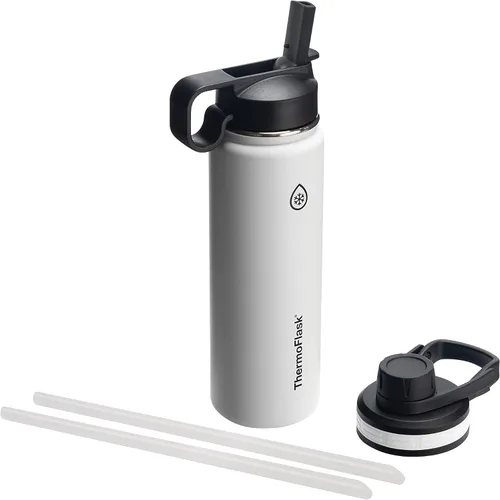 Vista 10 de Thermoflask - Botella de agua de acero inoxidable con doble aislamiento y dos tapas, 18 onzas, negro