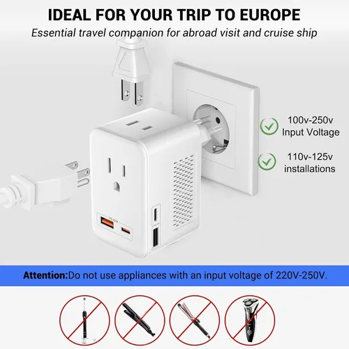 Vista 9 de Adaptador de enchufe de conversión de voltaje de 220V a 110V para viajar de Estados Unidos a Europa con 2 puertos USB y 2 puertos USBC PD 20 W, 2