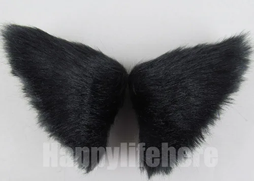 Vista 2 de juego de disfraz de orejas y cola de gato de pelo para fiesta de Halloween y para Cosplay, Negro