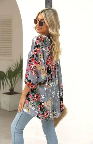 Vista 3 de BB&KK - Kimono floral para mujer, cárdigan de gasa de estilo informal, holgado, abierto por delante, salida de traje de baño