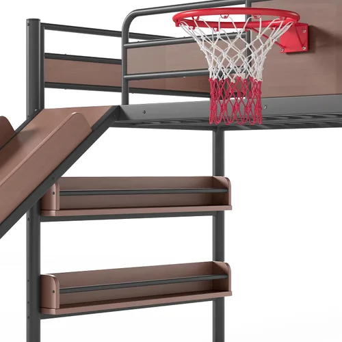 Vista 6 de Polibi Twin Metal Loft Bunk Bed with Basketball Hoop, Slide, Climbing Wall Loft Bed With Climbing Wall, Slide, Rings, And Bookshelves. A Fun Black