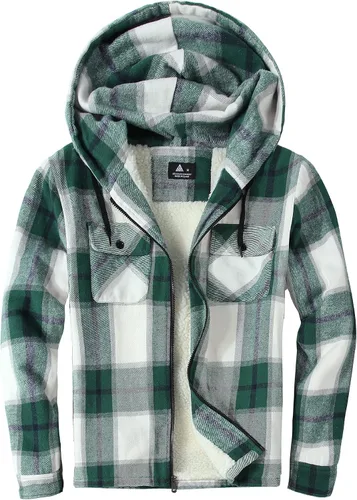 Vista 7 de V VALANCH Chaqueta de franela para hombre con capucha, manga larga, abrigo a cuadros con cremallera, sudadera gruesa con 4 bolsillos