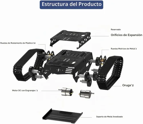 Vista 3 de Chasis de automóvil tanque con motor de engranaje de CC, chasis robot absorbente de golpes, plataforma móvil robótica de metal completo para Arduino