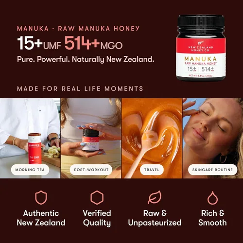 Vista 4 de New Zealand Honey Co. Miel de manuka cruda UMF 15+ MGO 514+, certificado UMF / 8.8oz