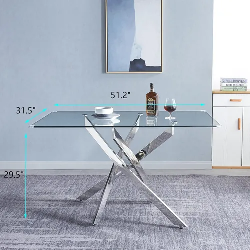 Vista 2 de Mesa de comedor de vidrio de 51 pulgadas, mesa de cocina rectangular para 4-6, mesa de comedor de vidrio moderna con patas de acero inoxidable