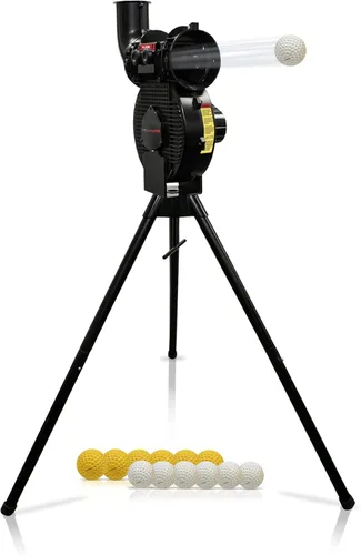 Vista 7 de PowerNet Launch F-lite Softball & Baseball Pitching Machine, Dimpled Practice Balls, Bucket of Baseballs, Coaching Bucket Bundle for Pitching