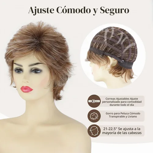Vista 3 de SEVENCOLORS - Pelucas cortas onduladas de color marrón para mujeres blancas, peluca de cabello sintético con capas de rubio mezclado natural y rubio