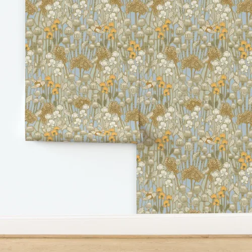 Vista 4 de Spoonflower Papel tapiz para despegar y pegar - Amapola Campo Pájaros Crema Neutral Naturaleza Taupe Papel pintado extraíble personalizado