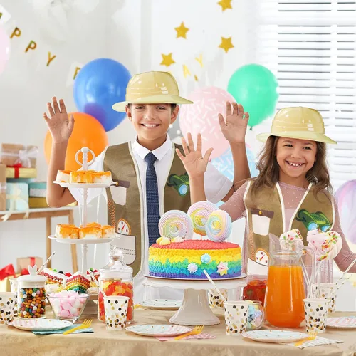 Vista 5 de Geyoga 24 piezas de disfraces de explorador de safari para niños, incluye 8 chalecos de safari y 8 bolsas de plástico para sombreros, traje