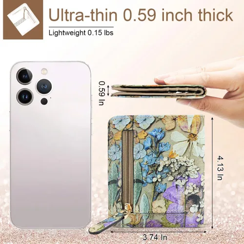 Vista 4 de APHISON Billetera para mujer, delgada y pequeña, para mujer, cartera RFID para mujer, de piel de microfibra de dibujos animados con soporte