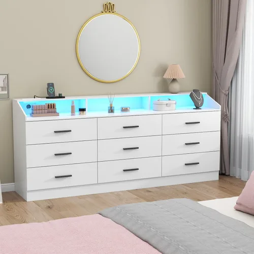 Vista 16 de Gyfimoie Cómoda de 6 cajones con toma de corriente, cómoda con luz LED, cómoda moderna con cubículo de almacenamiento abierto, organizador de Negro