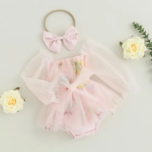 Vista 2 de KMBANGI Vestido de tutú para bebé niña con diadema de lazo de malla, manga larga, falda bordada floral, vestido de verano para primavera y otoño