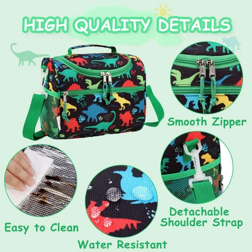 Vista 5 de RAVUO Bolsa de almuerzo para niños, reutilizable, aislada, lindo kit de comida térmica para niños pequeños con correa de hombro desmontable