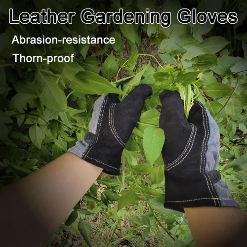 Vista 6 de Guantes de cuero para jardinería para hombres, guantes de trabajo para soldadura, construcción, motosierra, granja, rancho, patio