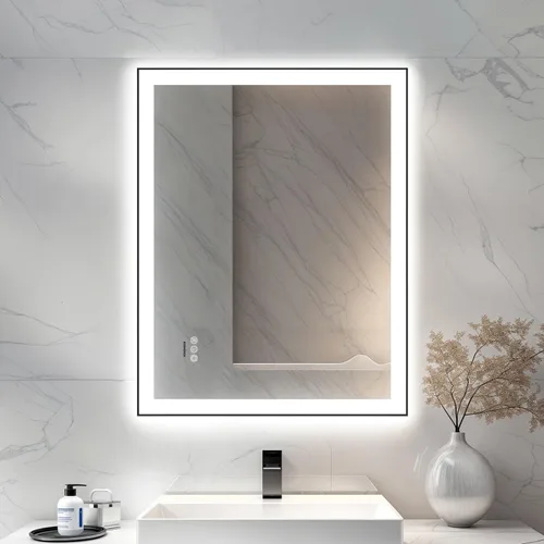 Vista 13 de Espejo de baño LED de 24x32'' con luz, marco de aluminio, regulable frontal y retroiluminado, antivaho, sin distorsión, memoria de luz, templado e