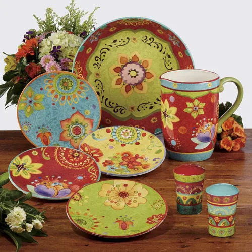 Vista 4 de Tunisian Sunset - Cuenco de cerámica para servir de 13.25 pulgadas, 128 onzas, cuenco multicolor para pasta con patrón floral bohemio, plato